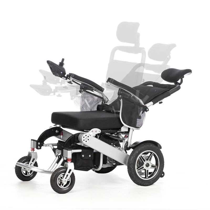Silver Aluminum Foldable Reclining Electric Wheelchair 18Inch Seat  500w Motor Power Chair 4 Solid Wheels Automatic Wheelchair