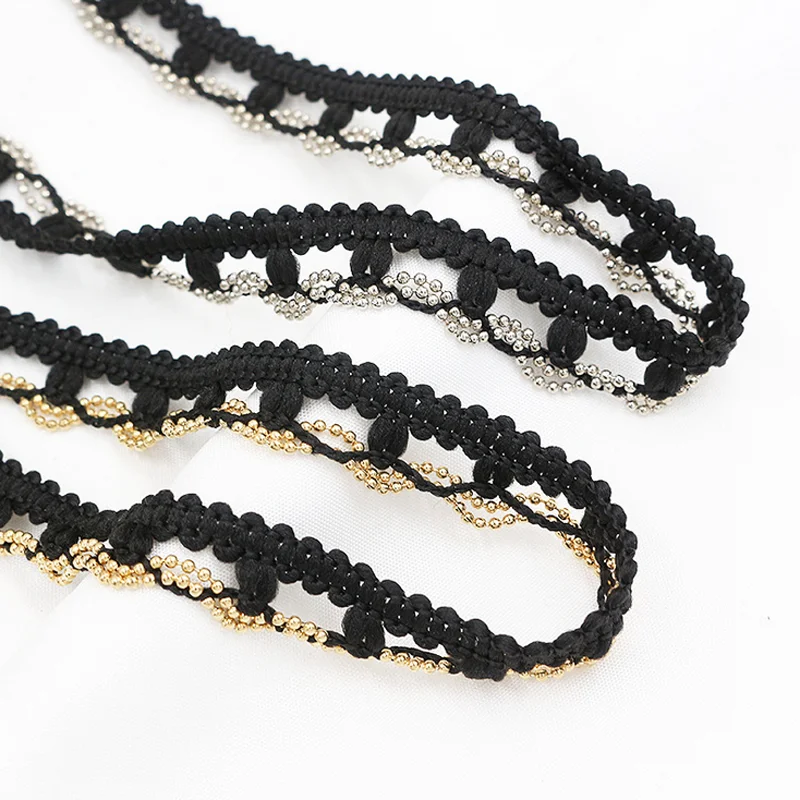 Latest 15 mm wide polyester curtain woven braid lace beads trimming black gold beaded edge lace trim