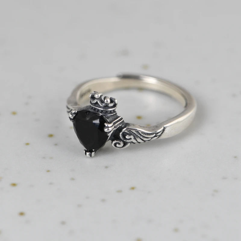 Wholesale retro trendsetter hip-hop wing feather crown heart 100% S925 Sterling silver jewelry ring for women