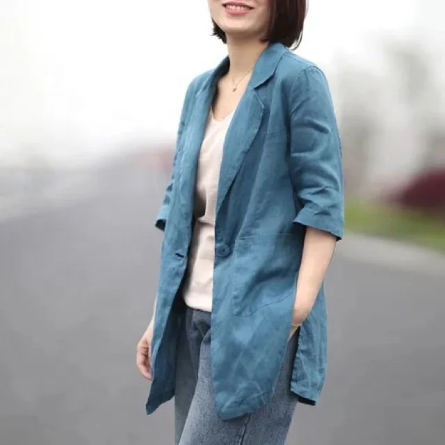 Spring summer linen coat casual loose women coat five point sleeve
