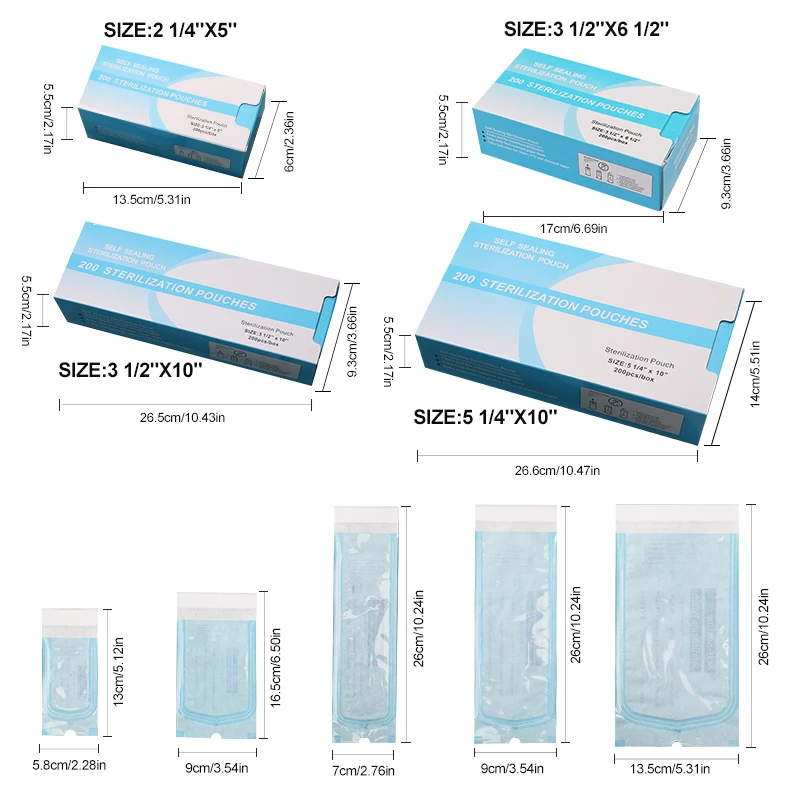 200 Pouches Per Box Self-Sealing Sterilization Pouches, Latex-Free, Color Changing Indicator,Multiple Specifications