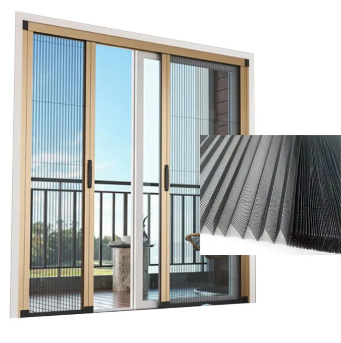 Horizontal open anti mosquito net retractable door pleated mesh folding fly screen door  Aluminum Sliding Door & Window Screens