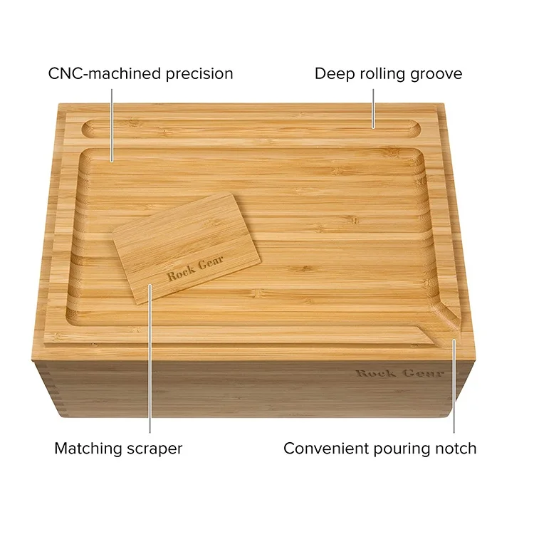 Premium Wood Bamboo Storage Stash Tobacco Box With Rolling Tray Scraper For Men