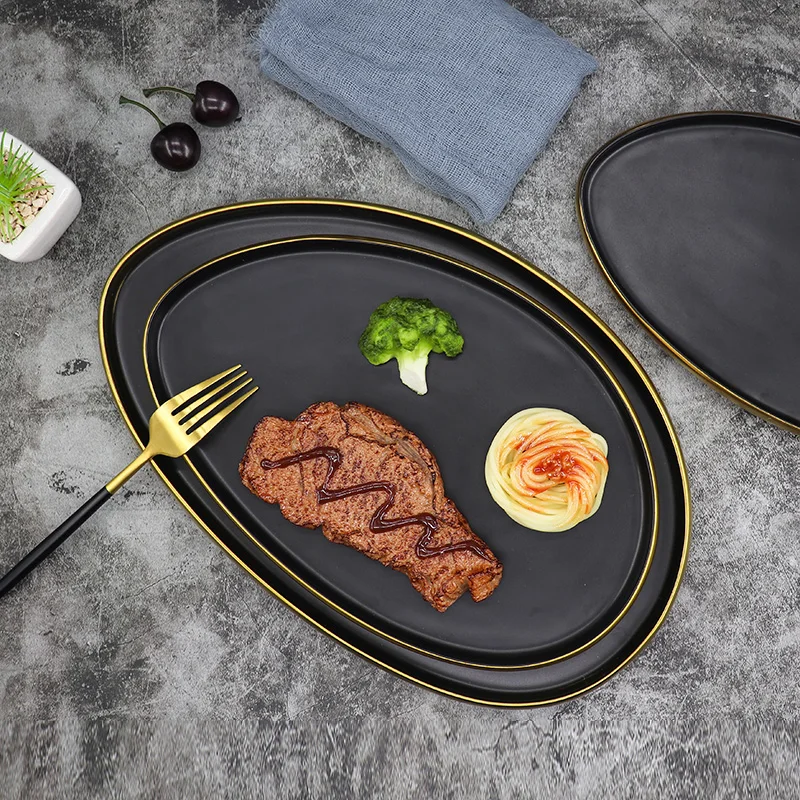 Black Dinner Plate Tableware Gold Rim Ceramic Irregular Serving Dish Set for Restaurant