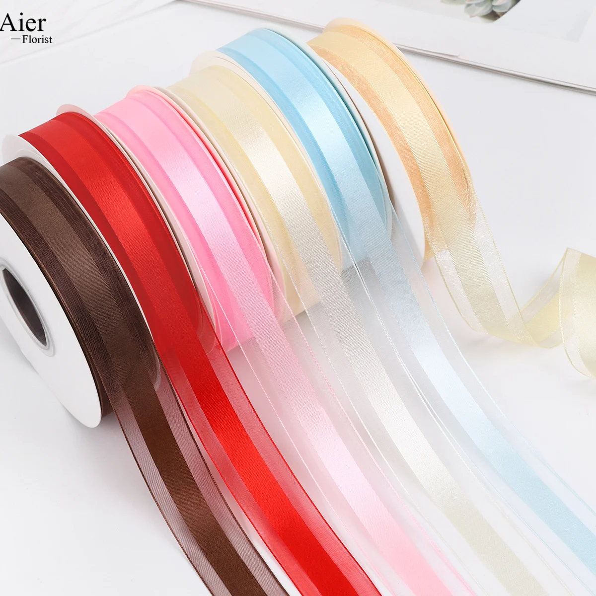 Aierflorist 2.5cm*45m middle solid color and side organza material cake decoration ribbon tape for flower bouquet