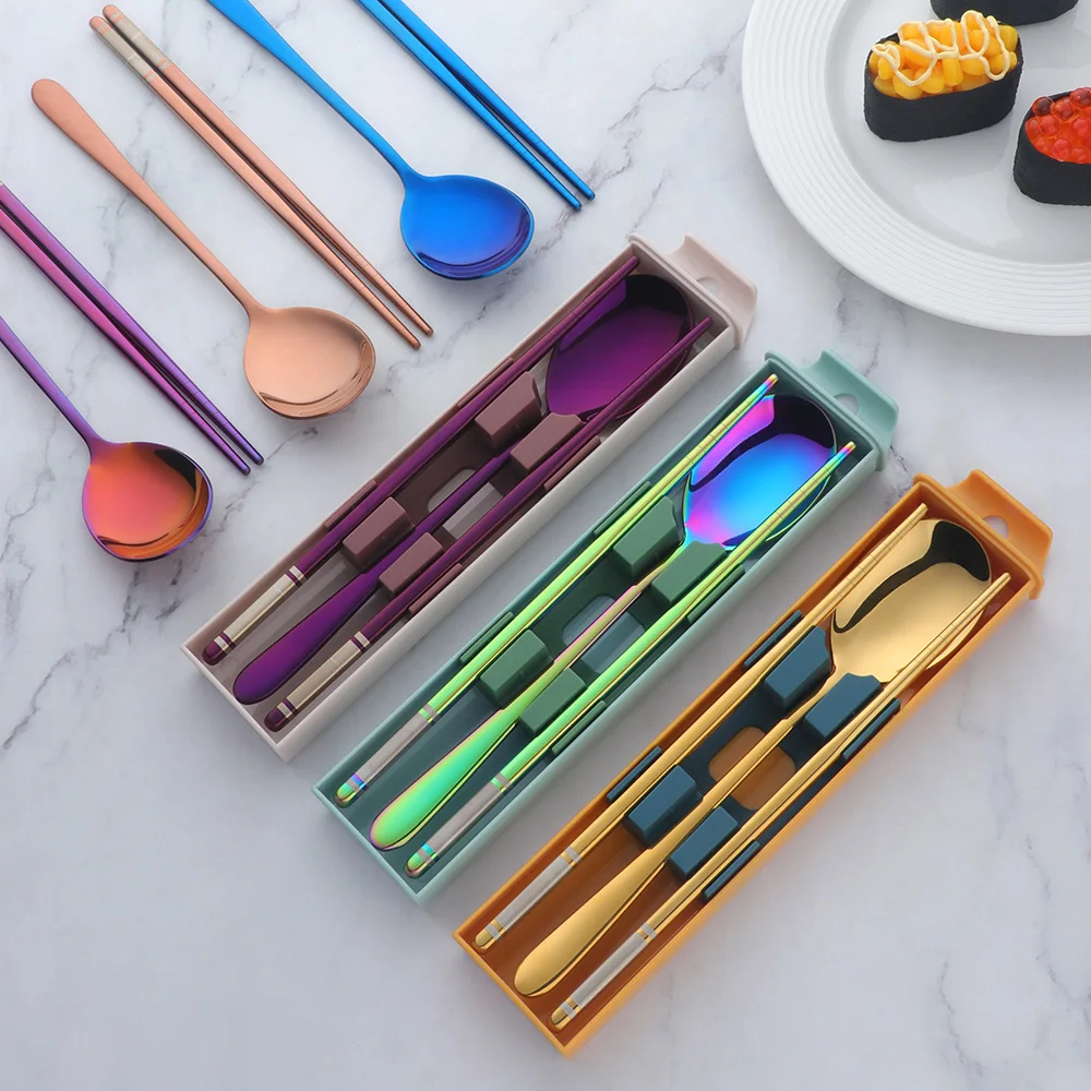 Flatware Portable Spoon Chopsticks Stainless Steel Travel Cutlery Set with Box