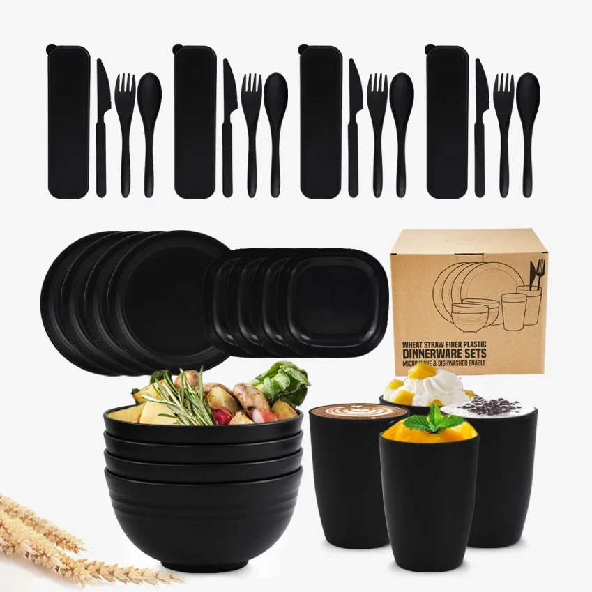 TATA Factory Hot Sale Customizable wheat straw cutlery Biodegradable Black Elegant Wheat Straw Tableware