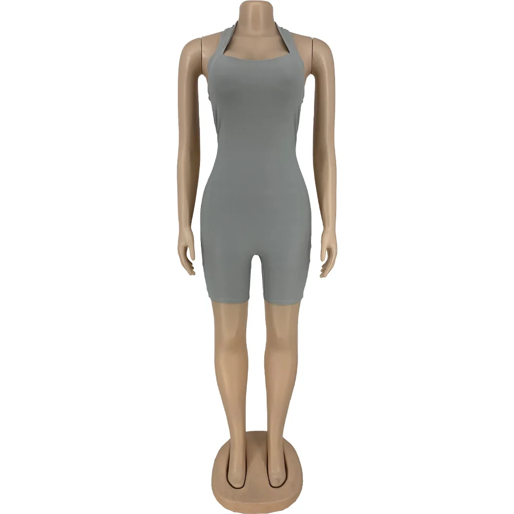 Custom Women Quick Dry Workout Sexy Halter Neck Backless One Piece Yoga Gym Shorts Bodysuit Jumpsuit
