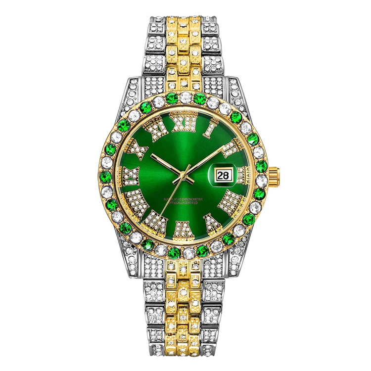 Hip Hop Fully Iced Out Men Watches Silver Stainless Steel Fashion Luxury Rhinestones Quartz Wristwatches Business Watch