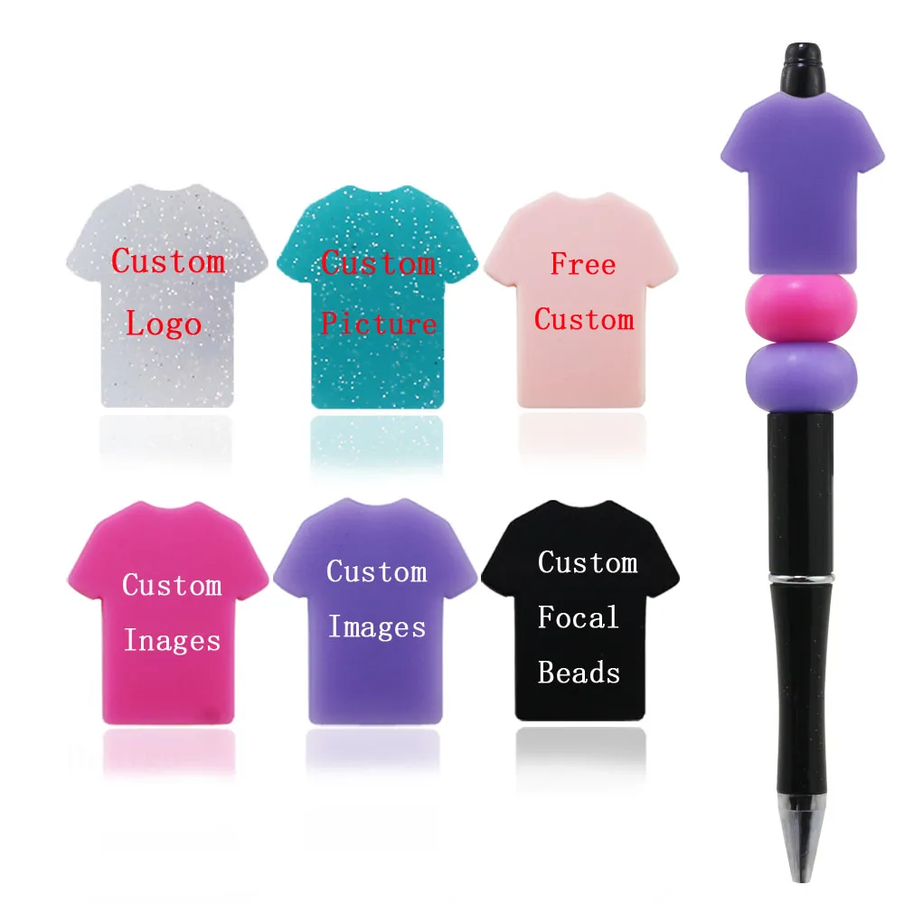 Bluk Free Customized Logo Pictures Glitter Pink White Blue Aqua Colorful Silicon Bead Round Focal Custom Silicone Beads For Pens