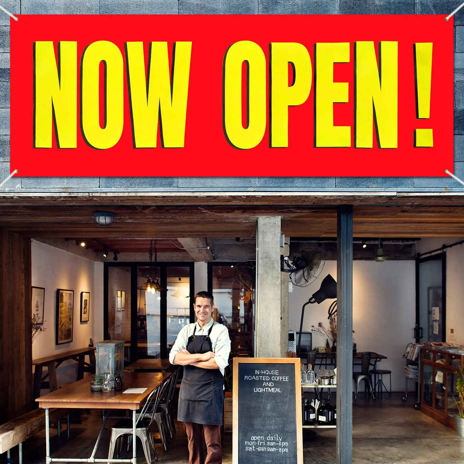 High Quality Outdoor Hanging Advertisement Store 16 x 39 Inch Vinyl PVC Polyester Business Now Open Sign Banner with Rope