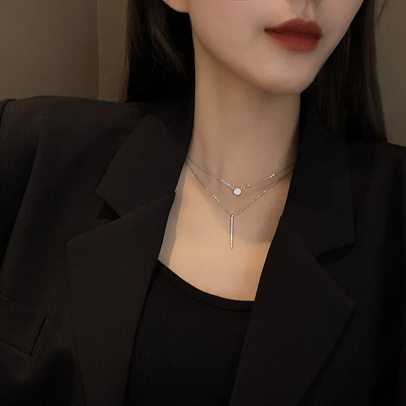 Classic Double Layer Stainless Steel Diamond Necklace Wholesale Women Crystal Tassel Pendant Necklaces