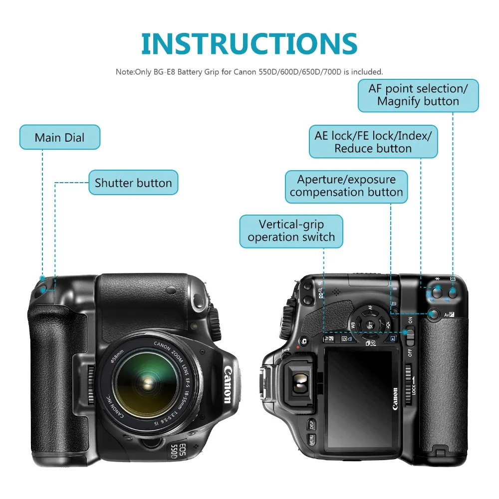  Батарейная ручка BG-E8 для цифровой однообъективной зеркальной камеры Canon EOS 550D 600D 650D Rebel T2i T3i T4i цифрового однообъективного зеркального фотоаппарата LP-E8 Замена Мощность