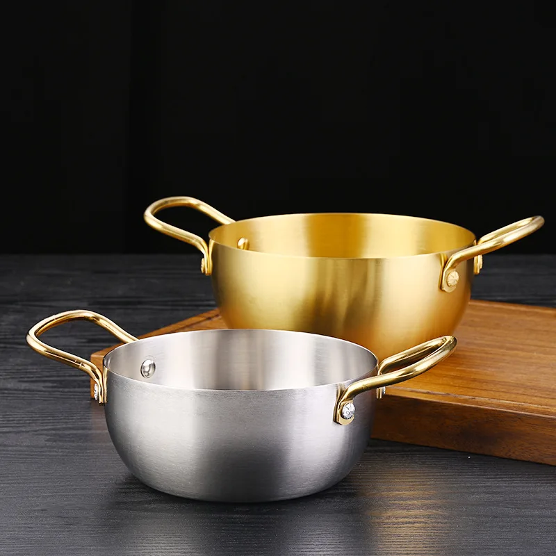 Luxury Korean Style Double Handle Instant Noodle Hot Pots Steel Stock Pot with Lid for Gas Induction Stove Compatibility Soup