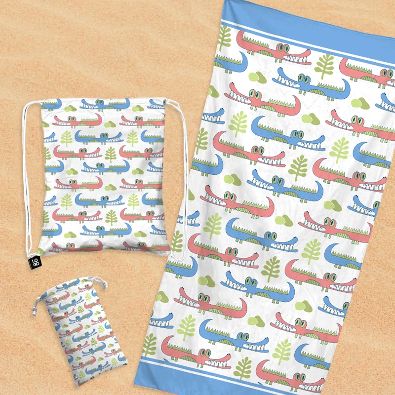 Custom Printing cartoon crocodile Sand Free Quick Dry Microfiber Beach Towel with Pouch and backpack children beach towel
