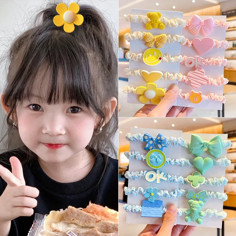 BELLEGIRL Korean style new simple design elastic hair bands 5pcs Cartoon flower heart bow does not seam kids hair bands for gift