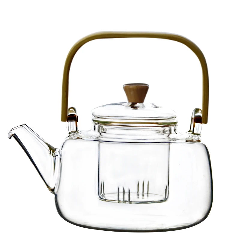 Стеклянный чайник с бамбуковой ручкой, цветущие чайники с листьями