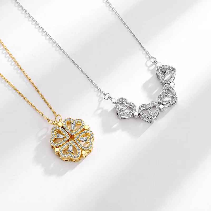 Wholesale Silver 18K Gold Plated AAA Zircon Magnetic Heart Pendant Lucky Four Leaf Clover Necklace Jewelry For Women