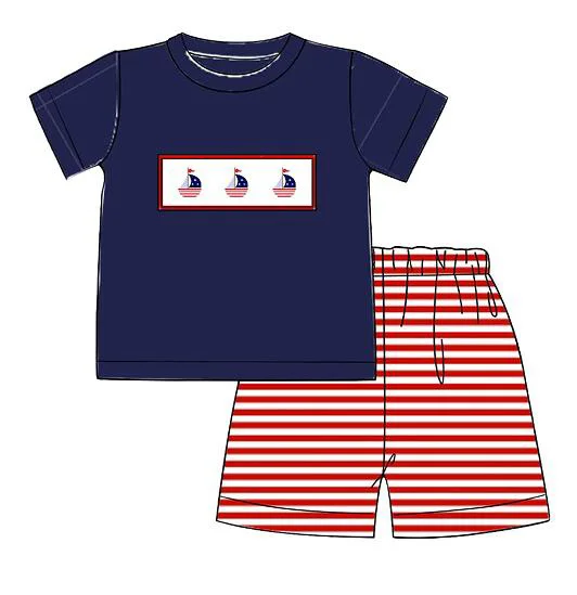 Latest spring summer kids clothes sailing embroidery short two-piece set custom baby girls boys cute sibling matching outfits