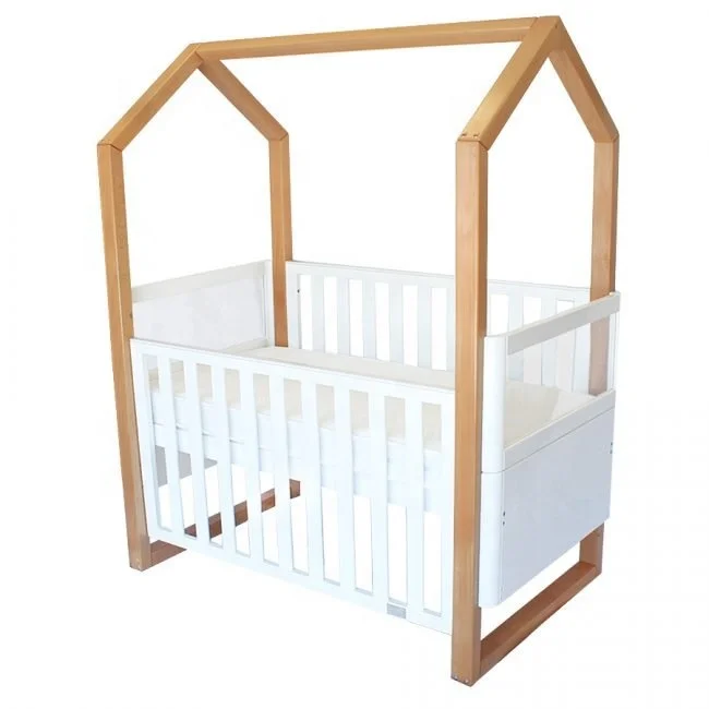 New arrival pinewood baby crib house design baby cot convertible baby bed
