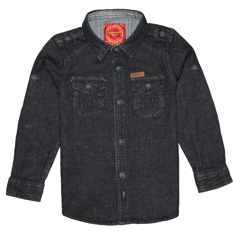 
Model Number 6171826D Fashion Single Breasted Stand Collar Of Long Cotton Denim Kids Shirts 