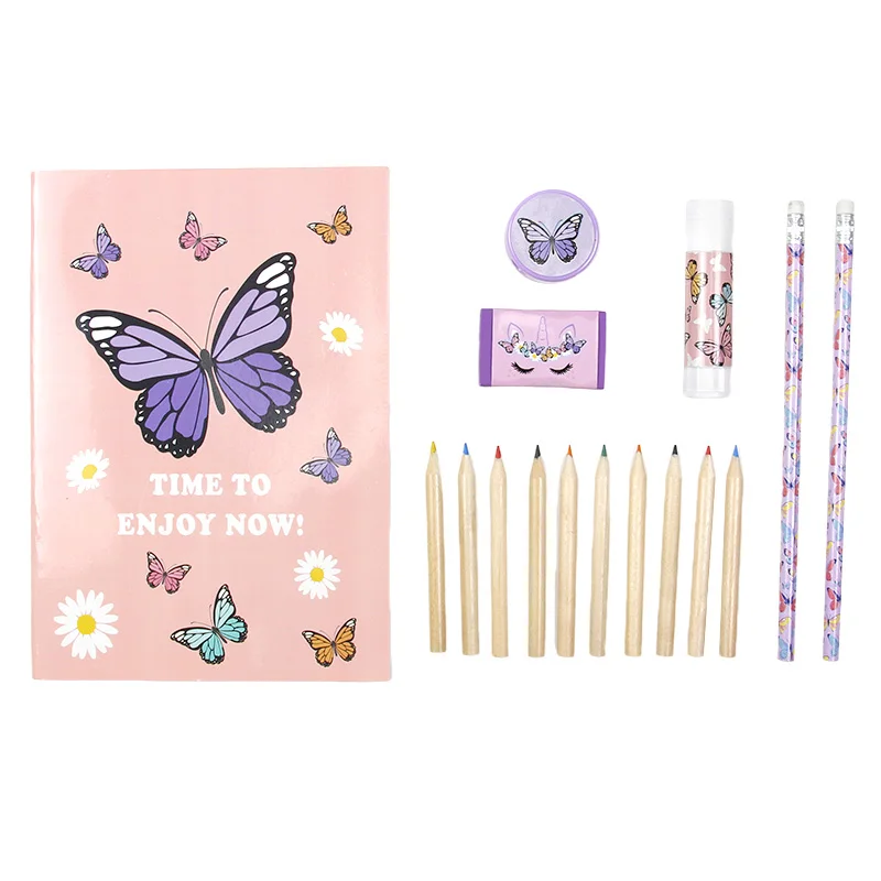 Butterfly Themed School Stationery Set for Girls Includes PVC Backpack Notebook Color Pencils Eraser Sharpener Glue Stick