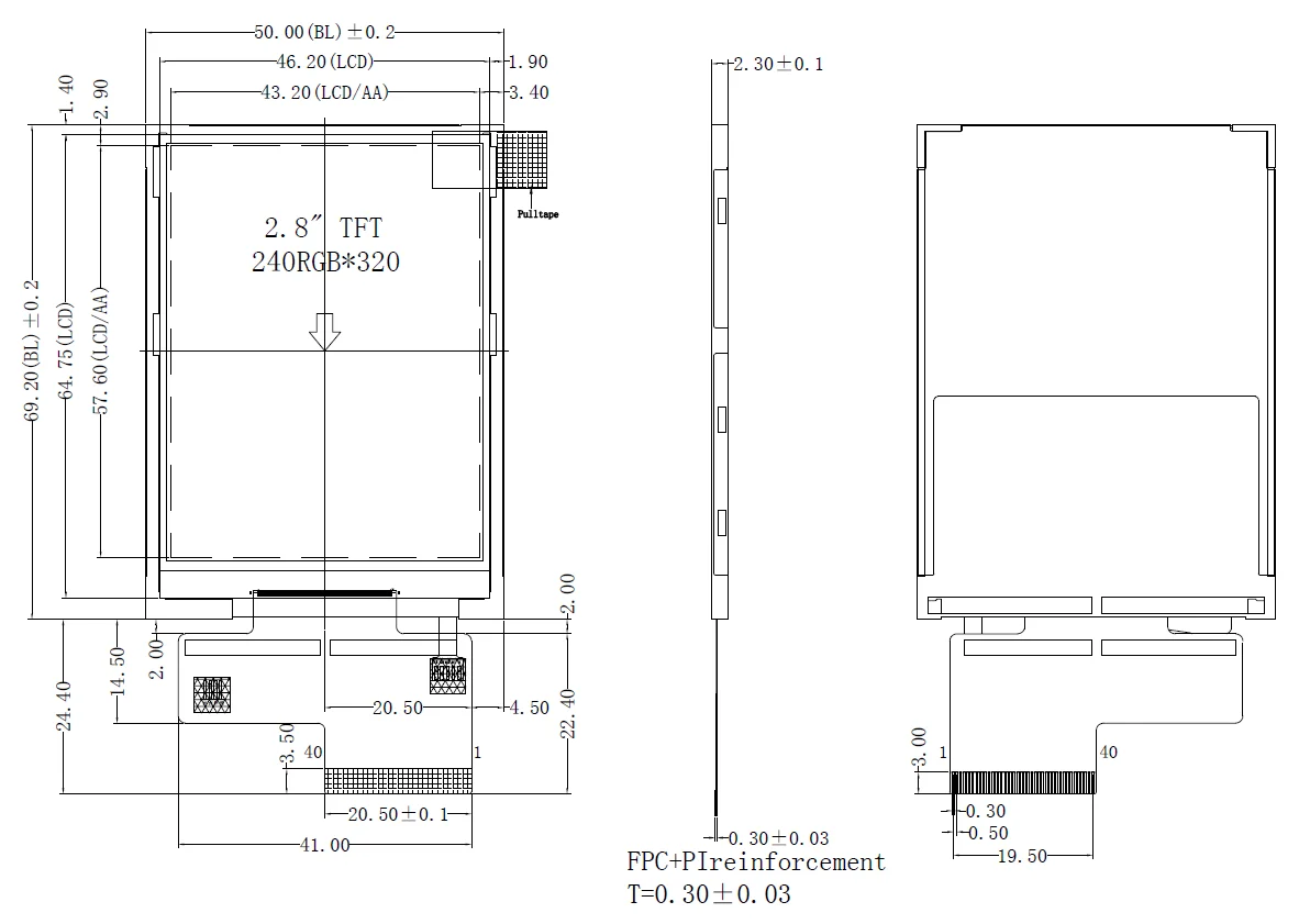 TFT 2.8 inch  39pin  resolution 240*320  MCU/RGB/SPI Interface LCD Module Display with Touch Panel