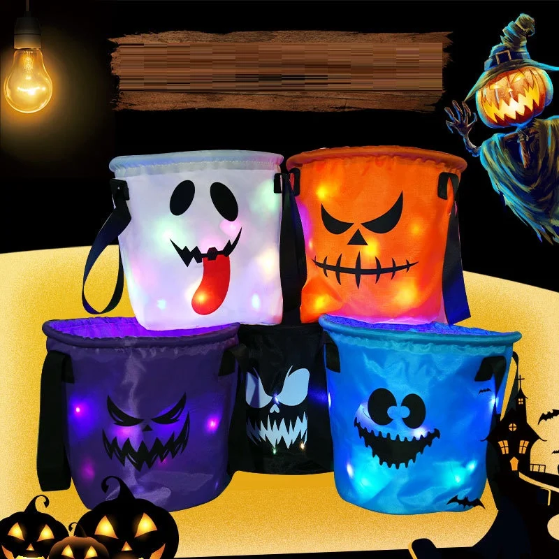 New 2023 Personalized Led Light Halloween Buckets Kids Trick or Treat Blank Candy Bag Light Up Pumpkin Halloween Basket