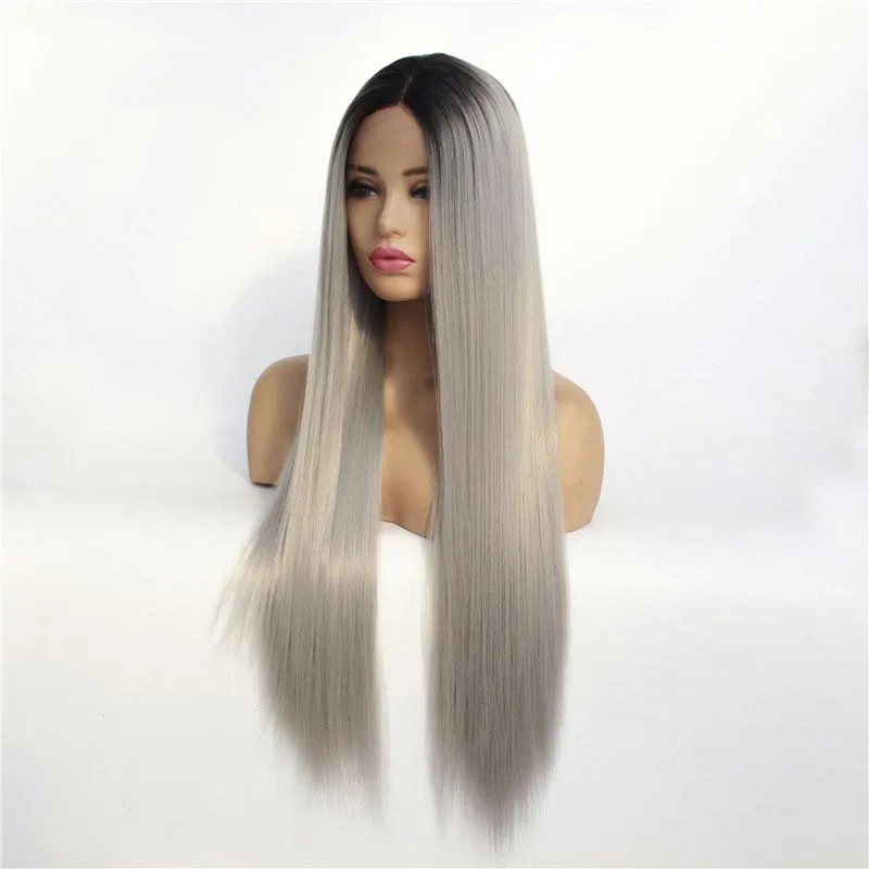 European and American mid-length straight curly hair COS gray gradient anime wig female chemical fiber headgear synthetic wig