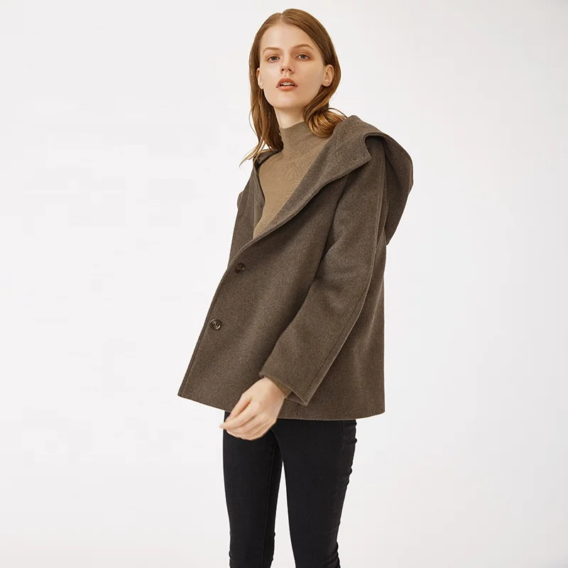 High Quality Loose Brown Single Breasted Hooded Woolen Cloth Short Coat For Women
