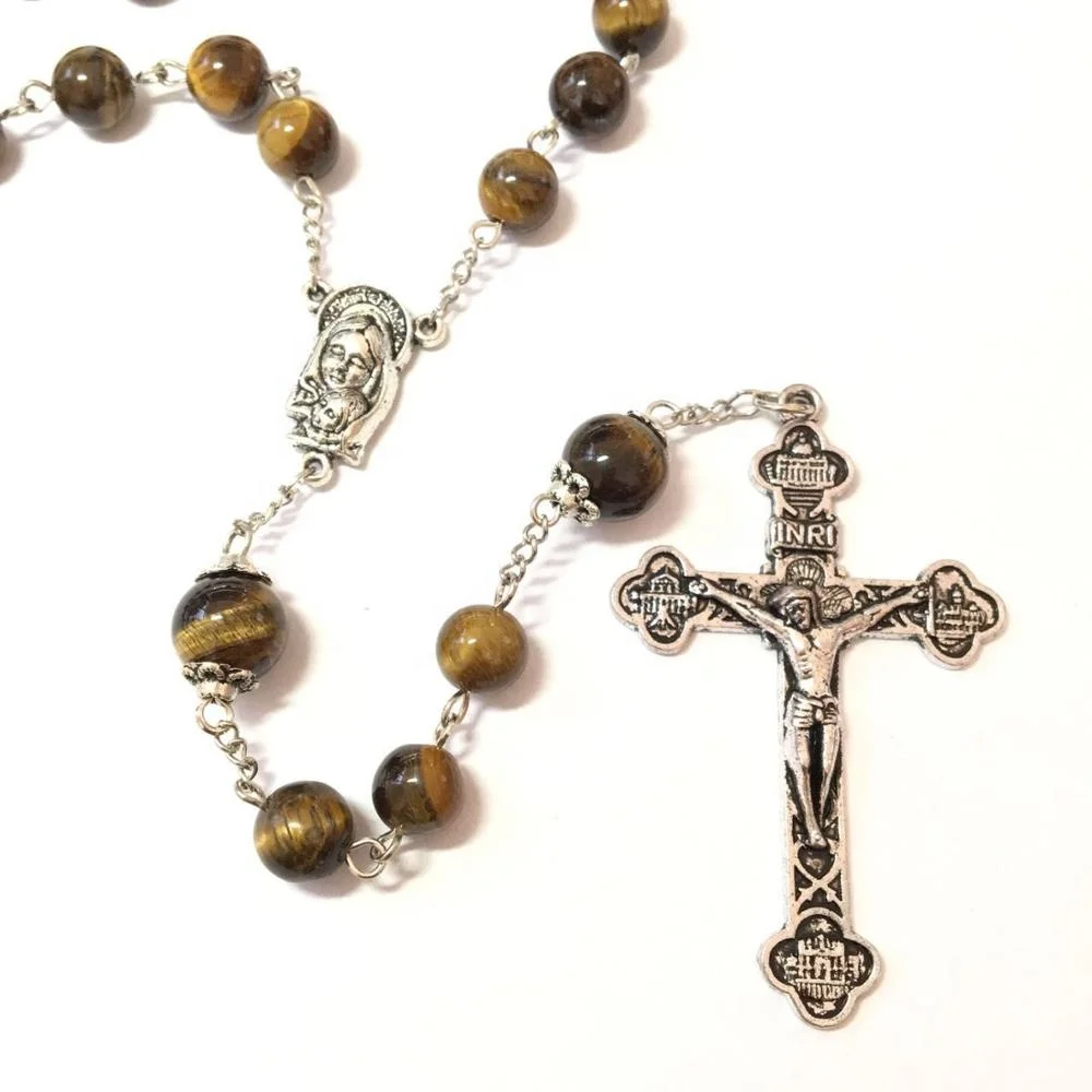 Customized tiger stone beads rosary Chaplet religious cross pendant silver plating Catholic beaded necklace Rosaries