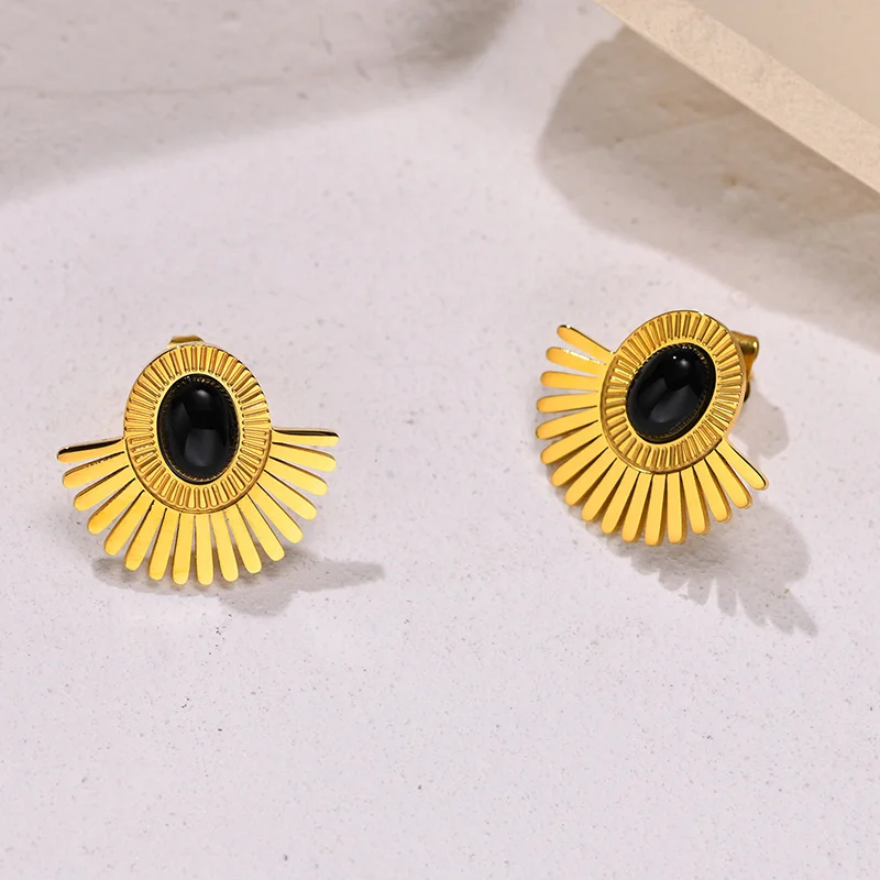 Wholesale Vintage Natural Stone Stainless Steel Statement 18K Gold Black Agate Sun Flower Onyx Drop Studs Earrings for Women