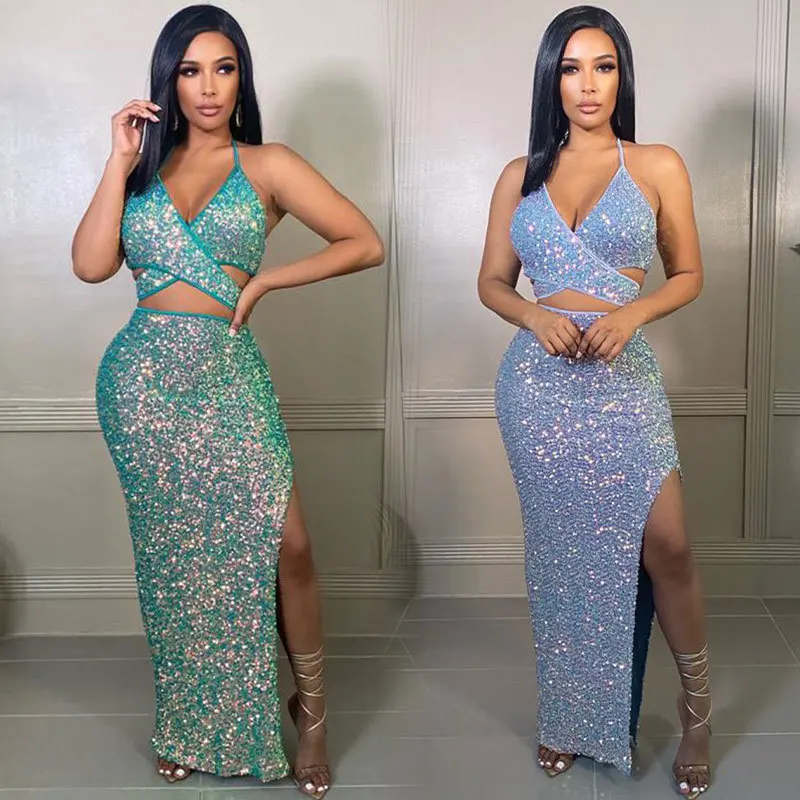 2022 Hot mesh sequined skirts two piece set clothing