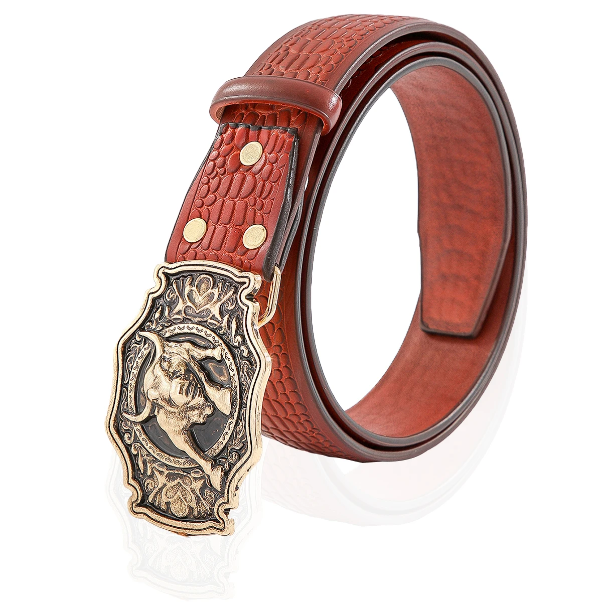 Mens Western Cowboy PU Leather Belt Bull Pattern Buckle Craft Belt Embossed Floral Buckle Dress Belts