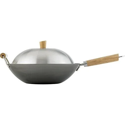 High quality carbon steel wok 3-piece set with lid, Chinese style non-stick wok with wooden handle
