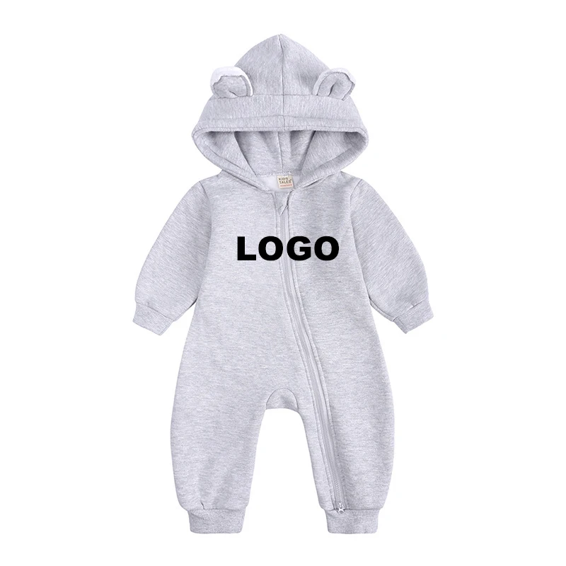 Custom LOGO Newborn Baby Girls Boys Bodysuit Winter Jumpsuit Solid Bear Ear Kids Clothes Hoodie Baby Rompers Set