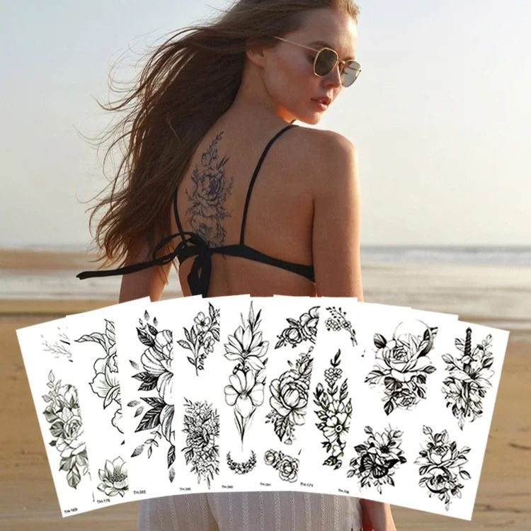 Women Girls Lady Shoulder Arm Leg Neck Sexy DIY Costom Waterproof Blossom Rose Peony Black Flower Temporary Tattoos Stickers