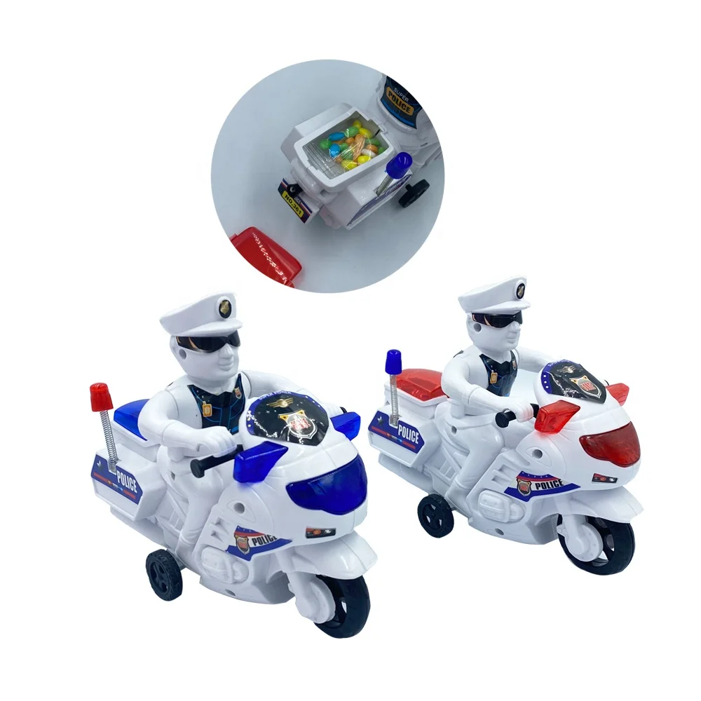 Hot selling pull string ringing police motor candy toy item plastic toy with candy