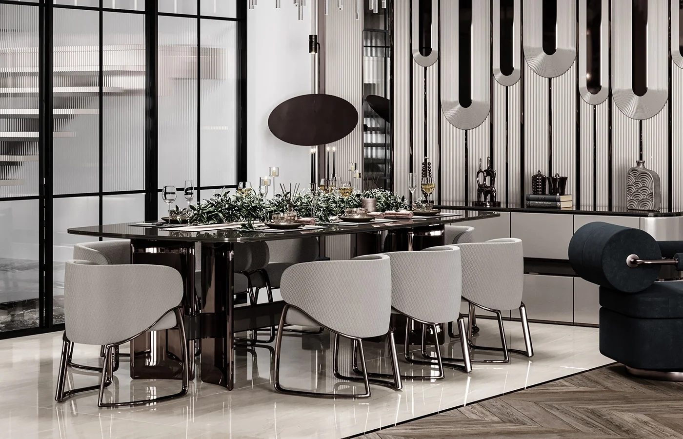 Luxury stainless steel marble top rectangular dining table set furniture manufacture