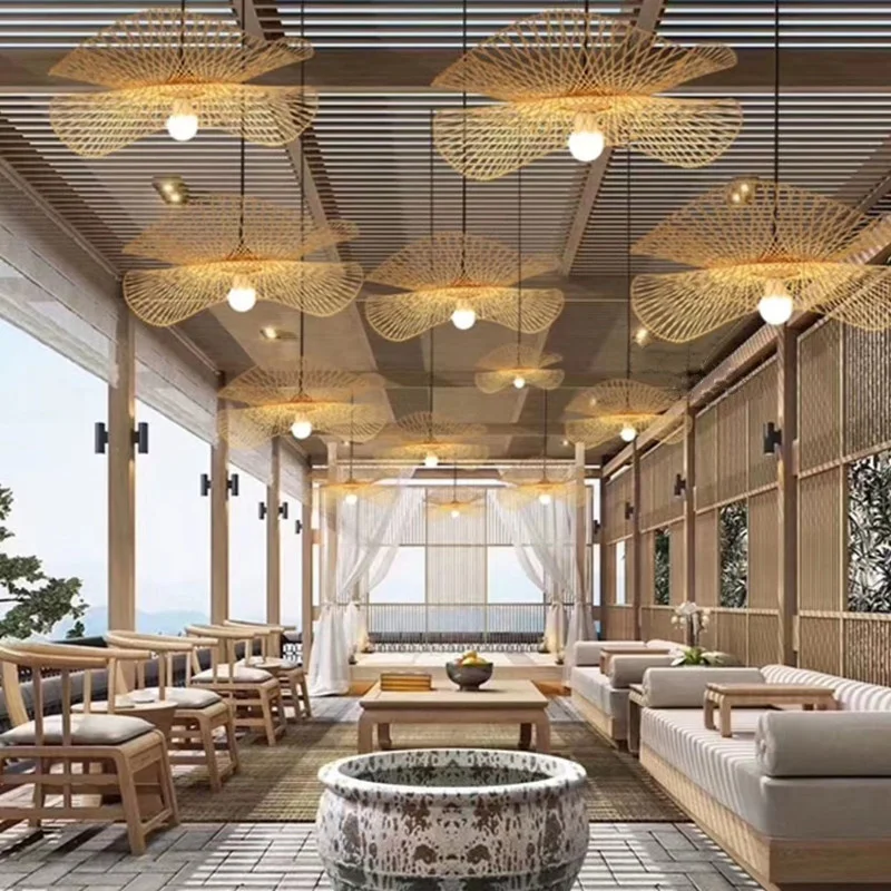 HITECDAD Classic Chinese Chandelier  Bamboo Straw Hat Lamps Perfect for Elegant Dining Room and Timeless Study