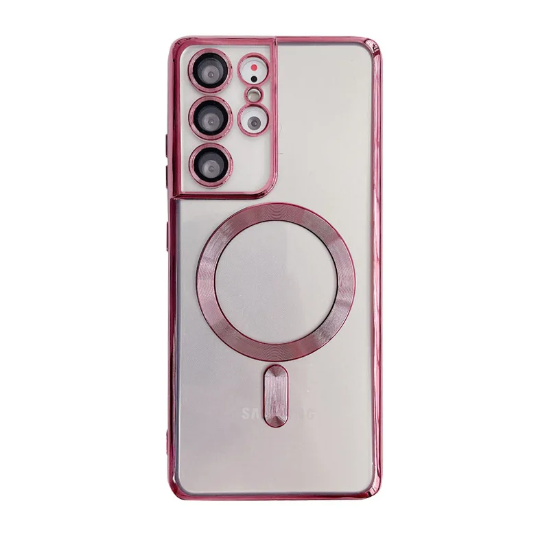 Protective Lens Film Phone Case Magnetic Phone Case Transparent Plating TPU Mobile Case for Samsung S21 S22 Plus Ultra