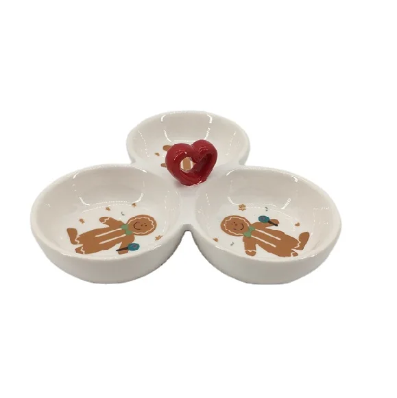 White ceramic Christmas decor salad bowl porcelain 3 section divided serving bowls for dried fruits nuts