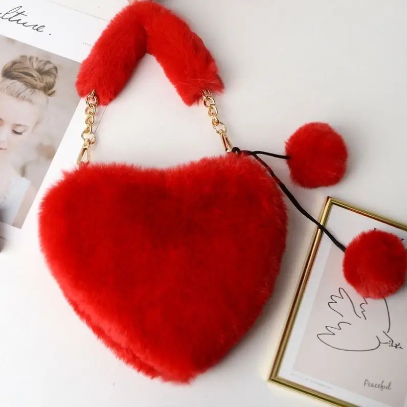 Plush Lady Shoulder Bag Hat And Women Women Heart Shaped Faux Fur Cross Body Bag Fashion Basket Faux Fur Purse Fuzzy Handbag