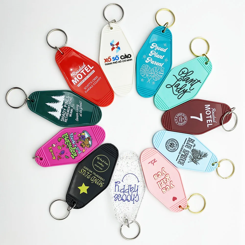  custom printing logo decoration plastic abs red blank round rosebud hotel motel fob key tag keychain for