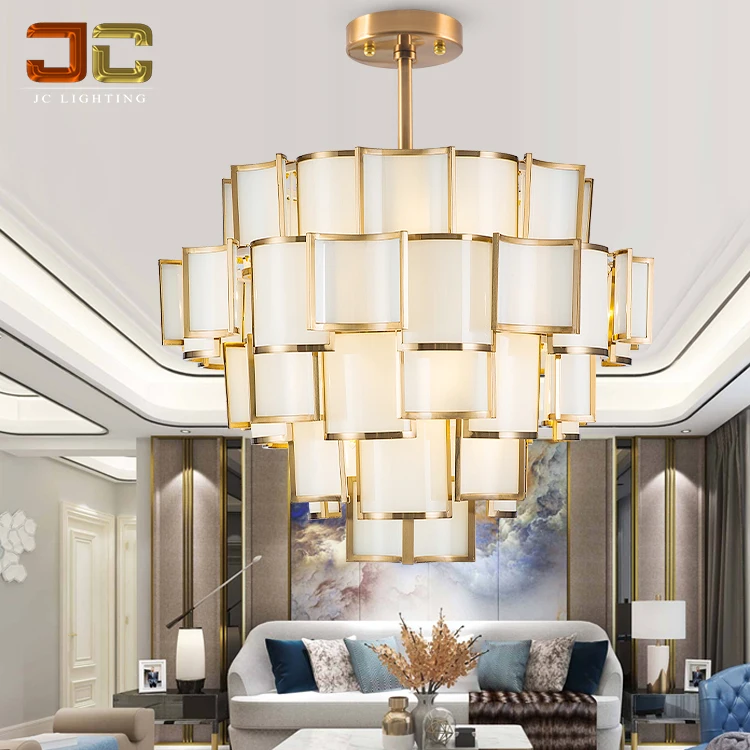 JC LIGHTING champaign gold white square glass tile chandelier flower glass pendant custom made for living room