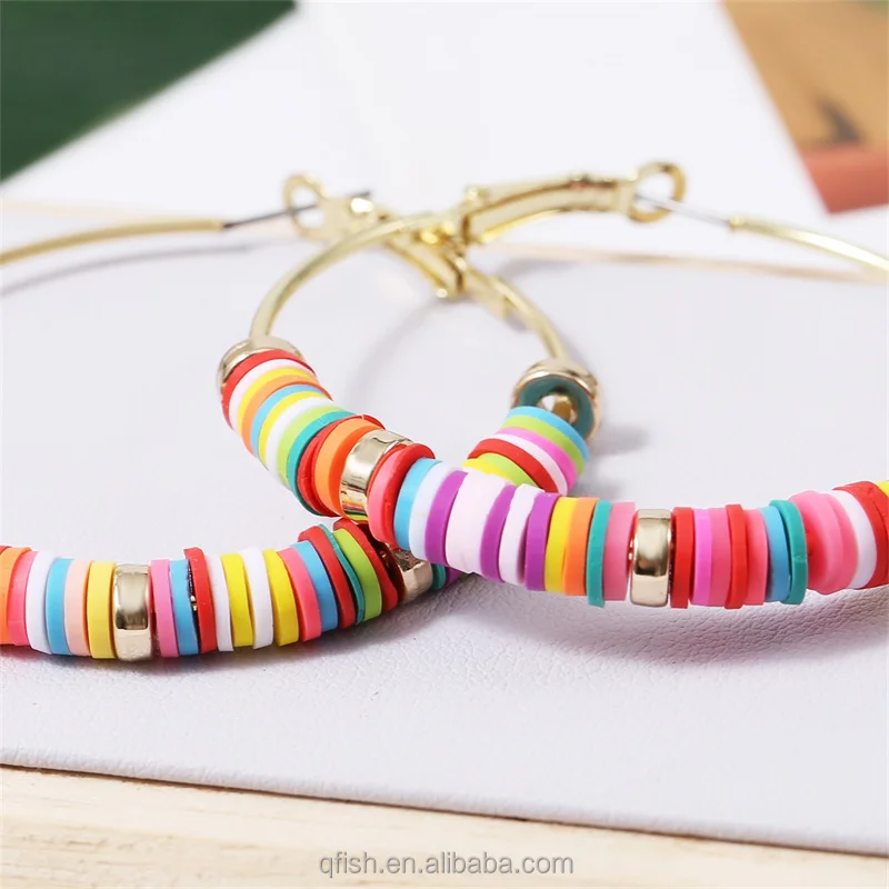 Multicolored Bohemian Beaded Clay Beach Jewelry Handmade Oversized Exaggerated C Shape Hoop Earrings