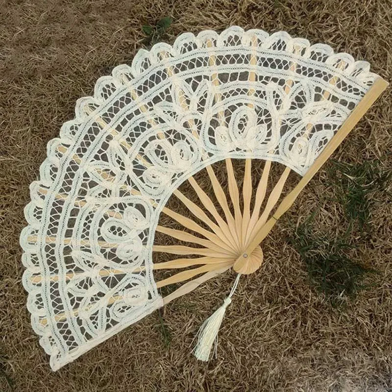 Bamboo Fans Chinese Style Folding Dance Fans Lace Fabric Silk Embroidery Hand Held Women Girl
