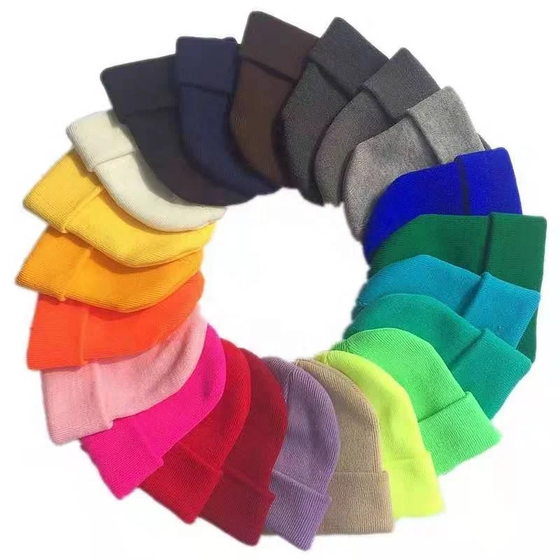 In stock wholesale low MOQ popular high quality acrylic blank colorful children warm winter hat custom label kids knit beanie