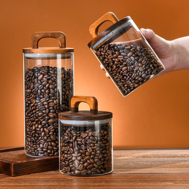 Glass pantry storage containers glass jar coffee bean noodles storage jar canister set airtight sealing wooden lid