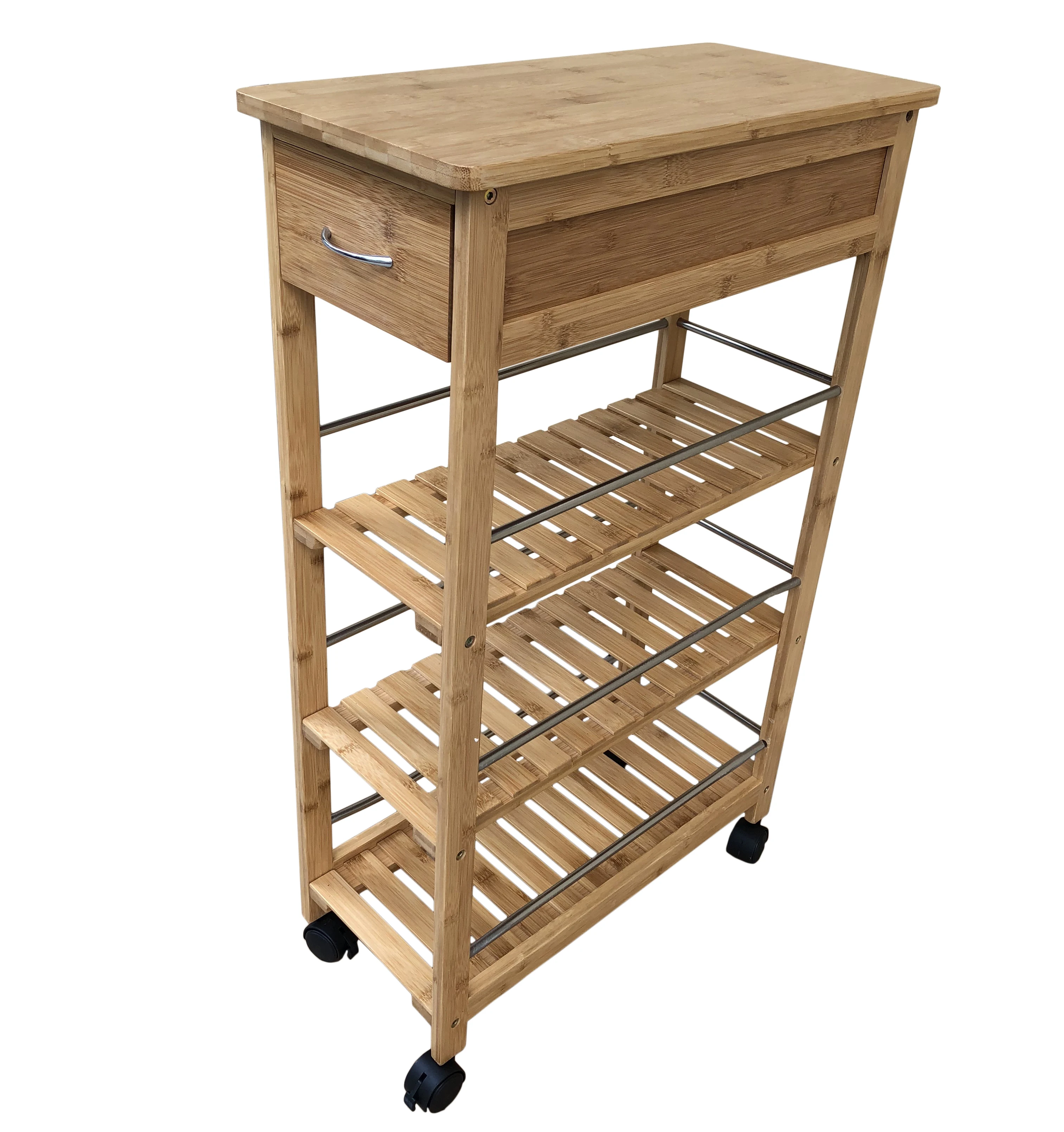 Bamboo Kitchen Trolley Cart with Drawer, Utility Organizer Rack, 4-Tier Slimline Bamboo Kitchen Islands Storage Trolley Cart